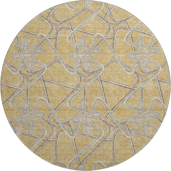 HomeRoots 8' Gold and Ivory Geometric Round Rug - Washable, UV-Protected, Durable for High-Traffic Areas 675297