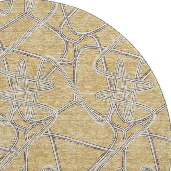 HomeRoots 8' Gold and Ivory Geometric Round Rug - Washable, UV-Protected, Durable for High-Traffic Areas 675297