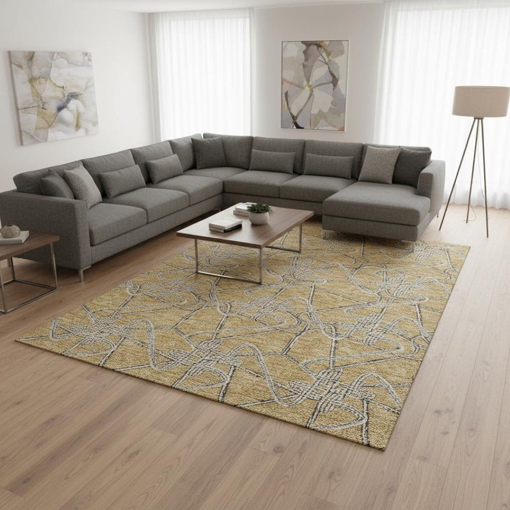 HomeRoots 8' X 10' Stylish Gold and Ivory Geometric Area Rug - Washable, UV-Protected, Durable for Family Homes 675298