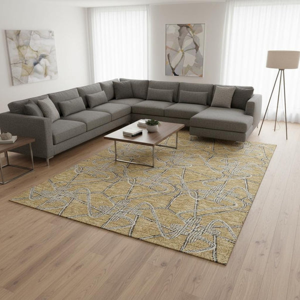 HomeRoots 8' X 10' Stylish Gold and Ivory Geometric Area Rug - Washable, UV-Protected, Durable for Family Homes 675298