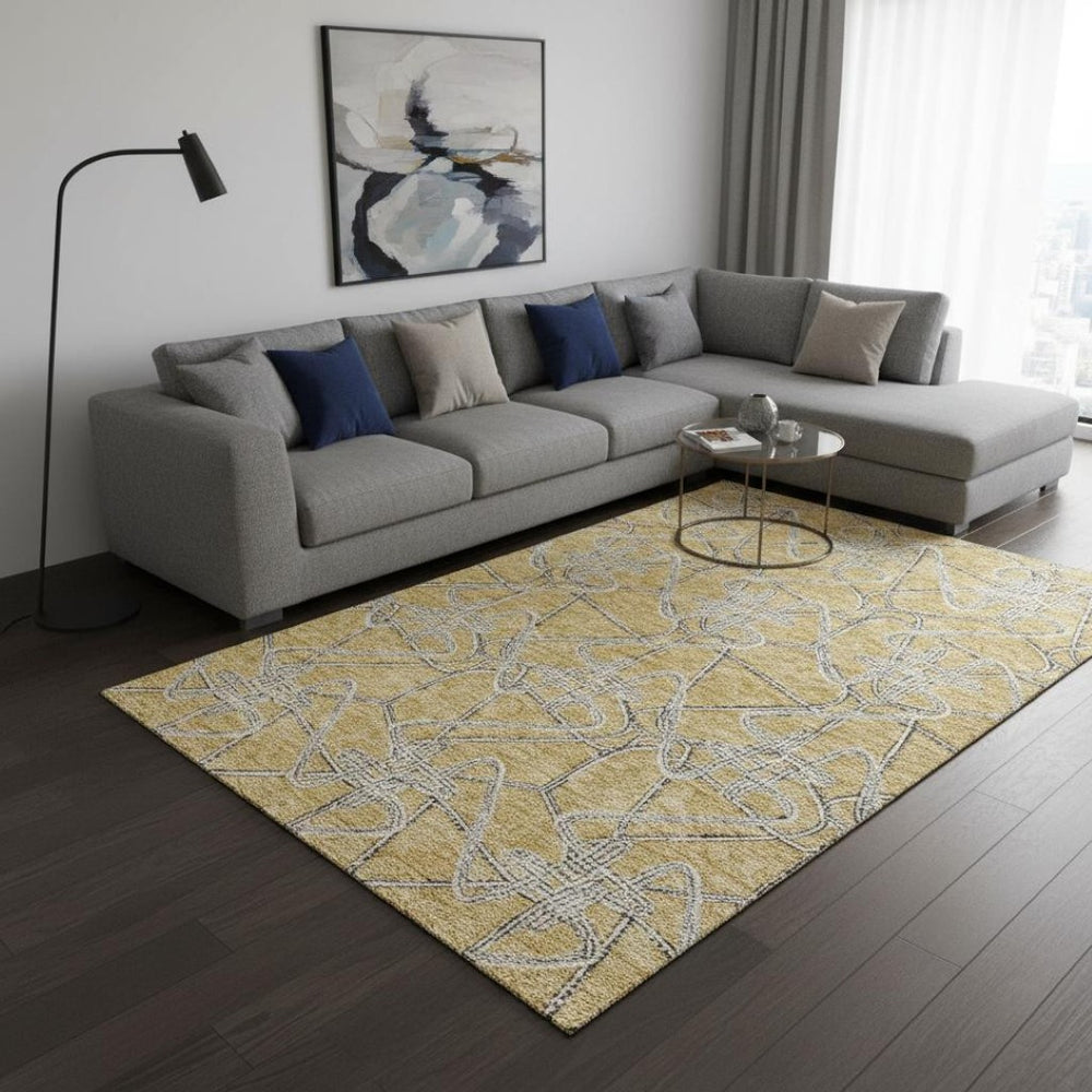 HomeRoots 9' X 12' Gold And Ivory Geometric Area Rug - Stylish, Washable, UV-Protected, Perfect for Active Homes 675299