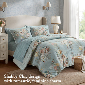 JLA Home Madison Park Essentials - 7 Piece Vintage-inspired Collection Floral Bedding Set with Reversible Comforter, Silky Microfiber Elegance Soft Blue MPE10-1193