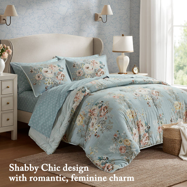 JLA Home Madison Park Essentials - 7 Piece Vintage-inspired Collection Floral Bedding Set with Reversible Comforter, Silky Microfiber Elegance Soft Blue MPE10-1193