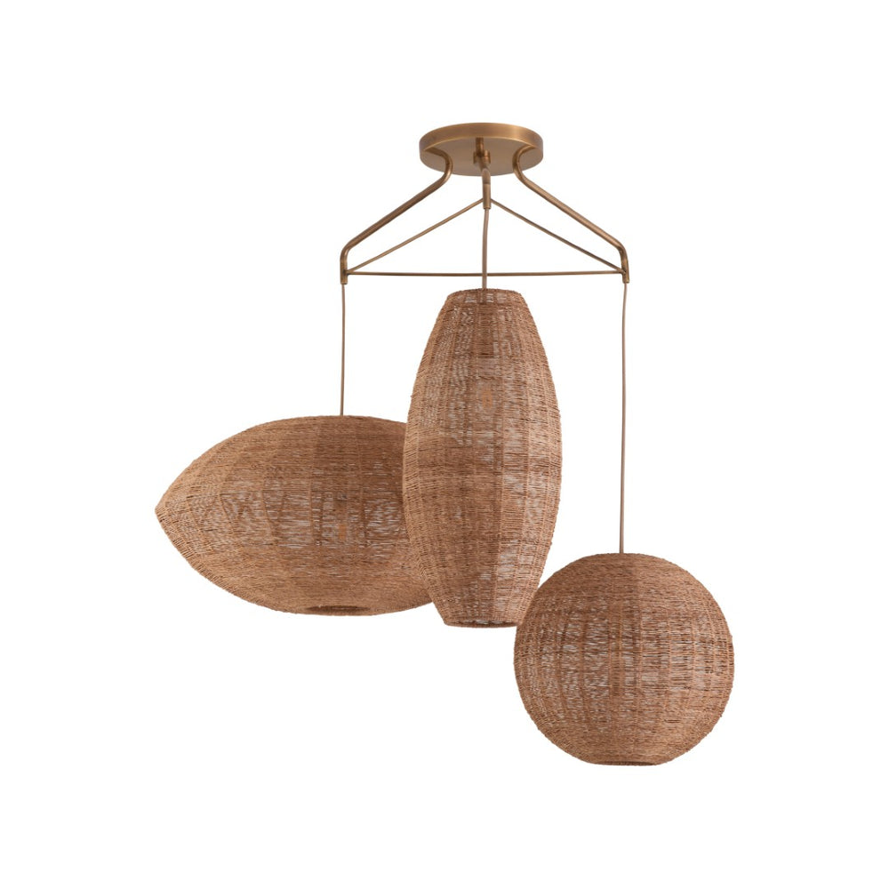 Wildwood Teague Triple Pendant Raffia Rope Chandelier With Staggered Shades, Natural Brass Accents For Coastal-Modern Style 67530