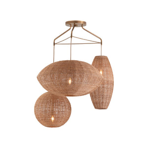 Wildwood Teague Triple Pendant Raffia Rope Chandelier With Staggered Shades, Natural Brass Accents For Coastal-Modern Style 67530