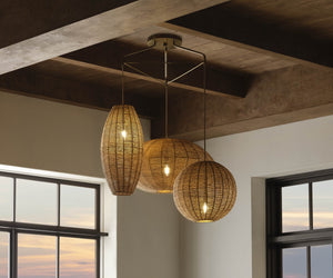 Wildwood Teague Triple Pendant Raffia Rope Chandelier With Staggered Shades, Natural Brass Accents For Coastal-Modern Style 67530
