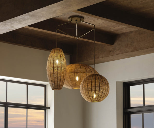Wildwood Teague Triple Pendant Raffia Rope Chandelier With Staggered Shades, Natural Brass Accents For Coastal-Modern Style 67530