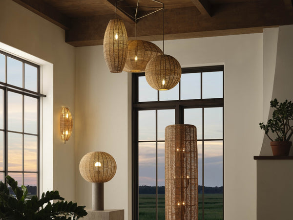 Wildwood Teague Triple Pendant Raffia Rope Chandelier With Staggered Shades, Natural Brass Accents For Coastal-Modern Style 67530