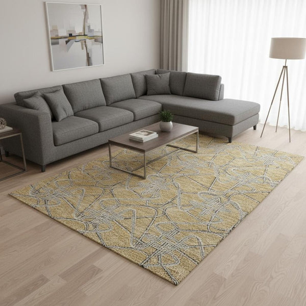 HomeRoots 10' x 14' Gold and Ivory Geometric Area Rug - Washable, UV-Protected, and Perfect for Busy Homes! 675300