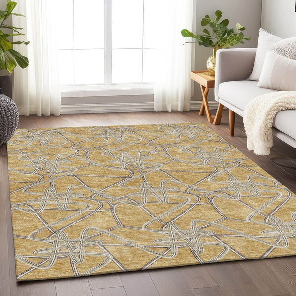 HomeRoots 10' x 14' Gold and Ivory Geometric Area Rug - Washable, UV-Protected, and Perfect for Busy Homes! 675300