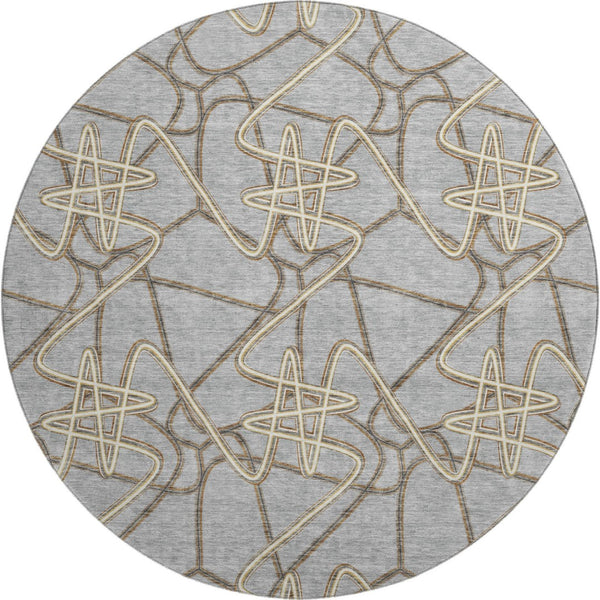 HomeRoots 8' Gray And Ivory Geometric Round Rug - Washable, UV-Protected, Stain-Resistant for High-Traffic Areas 675303