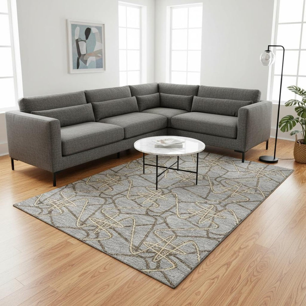 HomeRoots 8' x 10' Gray and Ivory Geometric Washable Area Rug - Durable, UV Protected, Ideal for High Traffic Spaces 675304