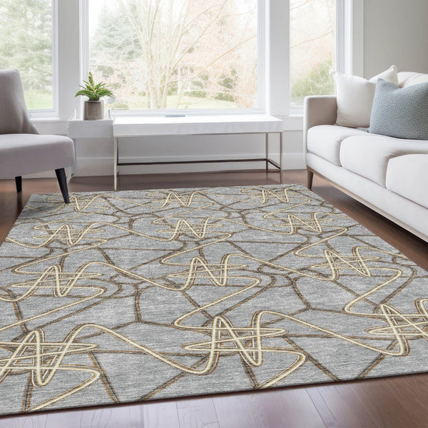 HomeRoots 8' x 10' Gray and Ivory Geometric Washable Area Rug - Durable, UV Protected, Ideal for High Traffic Spaces 675304