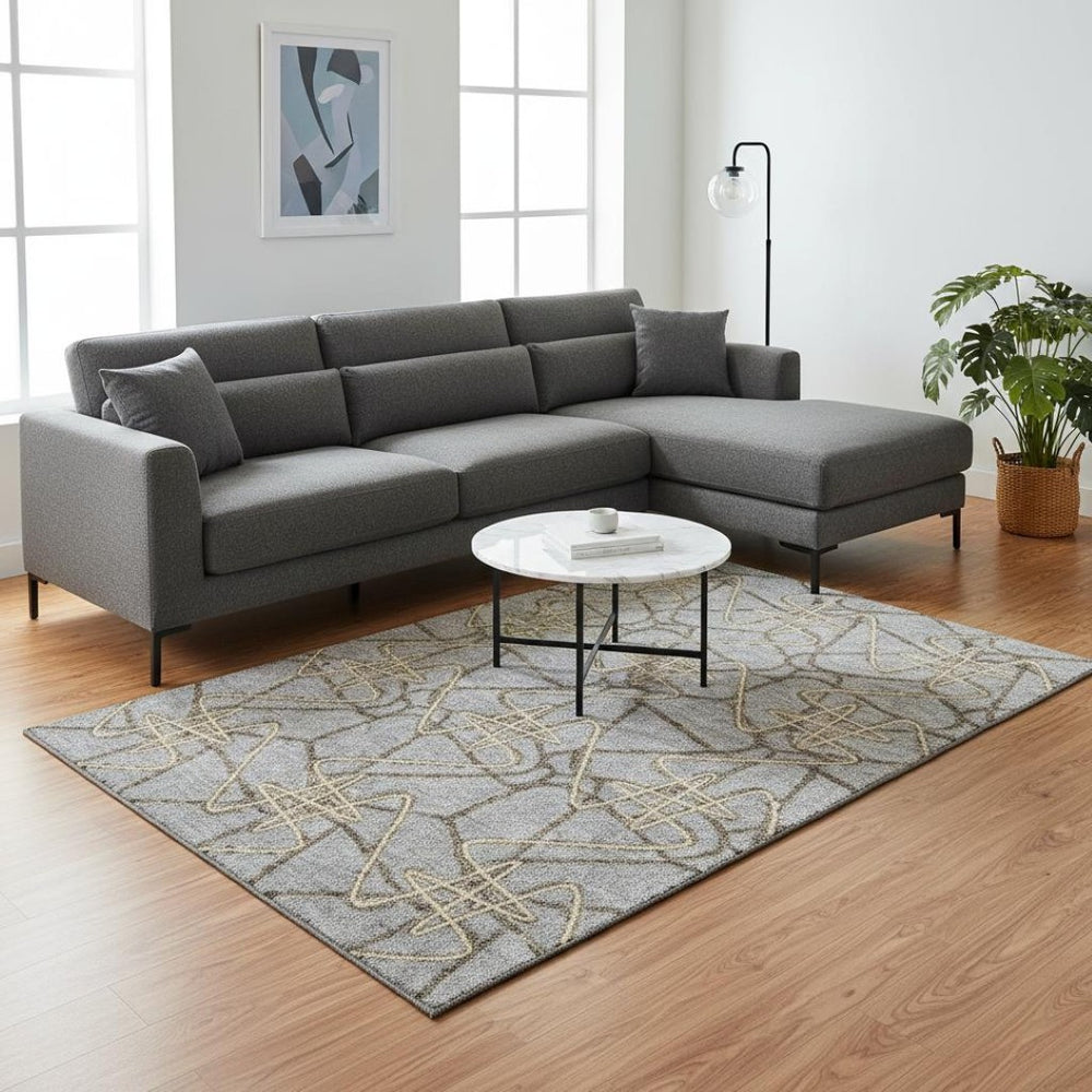 HomeRoots 10' X 14' Gray & Ivory Geometric Washable Area Rug – Modern, Stain Resistant with UV Protection! 675306