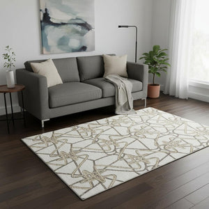HomeRoots 5' X 8' Ivory And Beige Geometric Area Rug - Washable, UV Protected, Stain Resistant for High-Traffic Spaces 675308