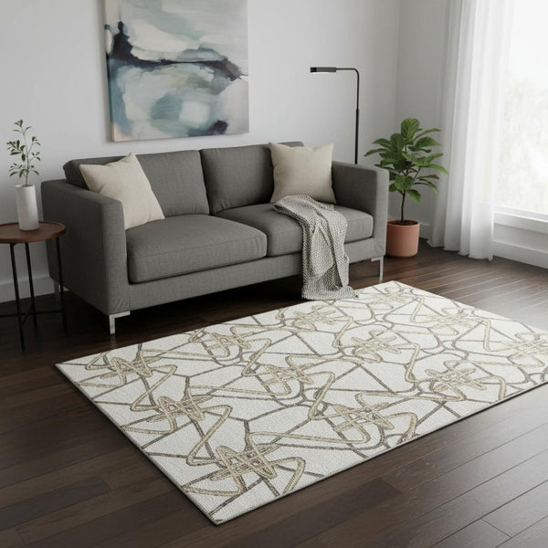 HomeRoots 5' X 8' Ivory And Beige Geometric Area Rug - Washable, UV Protected, Stain Resistant for High-Traffic Spaces 675308