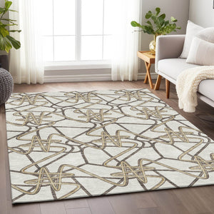 HomeRoots 5' X 8' Ivory And Beige Geometric Area Rug - Washable, UV Protected, Stain Resistant for High-Traffic Spaces 675308