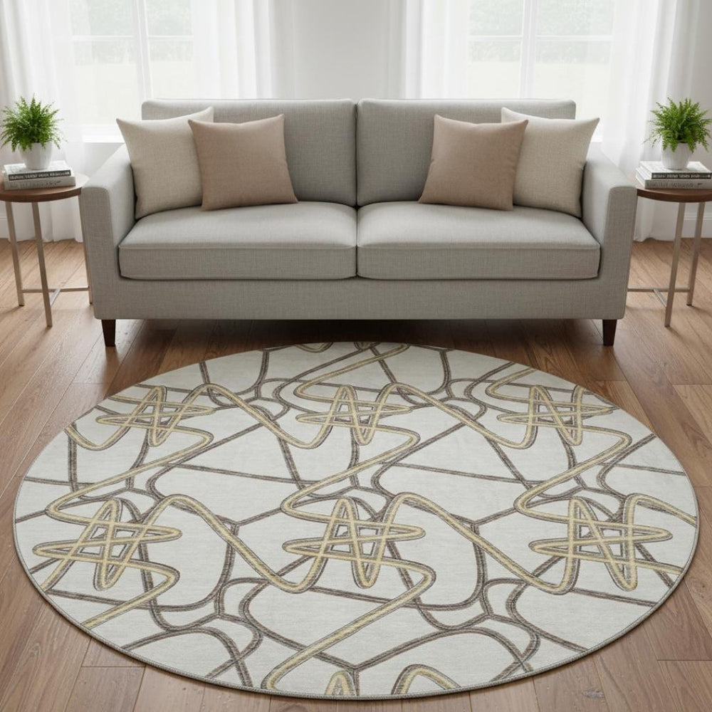 HomeRoots 8' Ivory and Beige Geometric Round Rug – Washable, Stain-Resistant with UV Protection for Durability 675309
