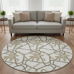 HomeRoots 8' Ivory and Beige Geometric Round Rug – Washable, Stain-Resistant with UV Protection for Durability 675309