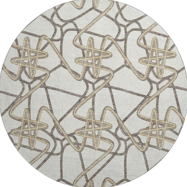 HomeRoots 8' Ivory and Beige Geometric Round Rug – Washable, Stain-Resistant with UV Protection for Durability 675309
