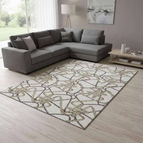 HomeRoots 8' X 10' Ivory and Beige Geometric Area Rug – Stylish, Washable, Stain-Resistant, UV Protected Design 675310