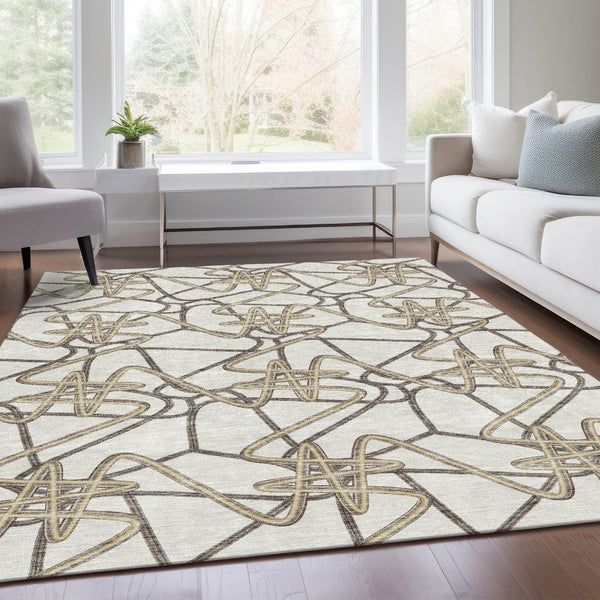 HomeRoots 8' X 10' Ivory and Beige Geometric Area Rug – Stylish, Washable, Stain-Resistant, UV Protected Design 675310