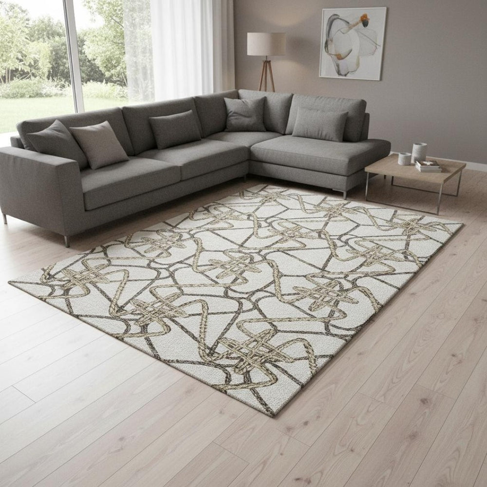 HomeRoots 9' X 12' Ivory & Beige Geometric Area Rug - Washable, UV-Protected, Soft & Durable for Busy Homes 675311