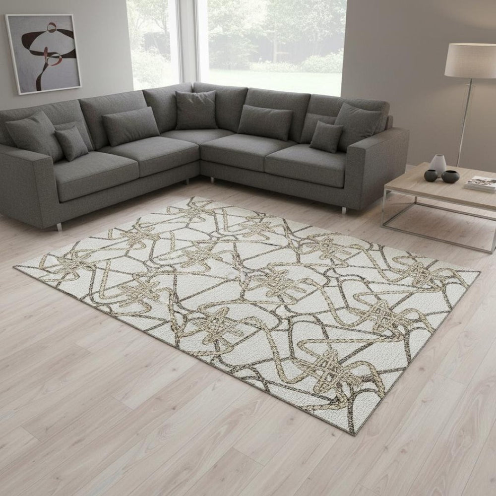 HomeRoots 10' X 14' Ivory And Beige Geometric Area Rug - Washable, UV-Protected, Durable Design for Homes 675312