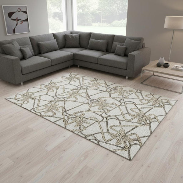 HomeRoots 10' X 14' Ivory And Beige Geometric Area Rug - Washable, UV-Protected, Durable Design for Homes 675312