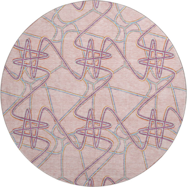 HomeRoots 8' Vibrant Pink, Orange & Blue Geometric Round Rug – UV Protected, Washable & Perfect for Busy Homes! 675315