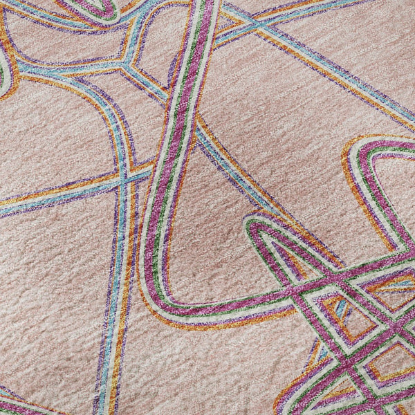 HomeRoots 8' Vibrant Pink, Orange & Blue Geometric Round Rug – UV Protected, Washable & Perfect for Busy Homes! 675315