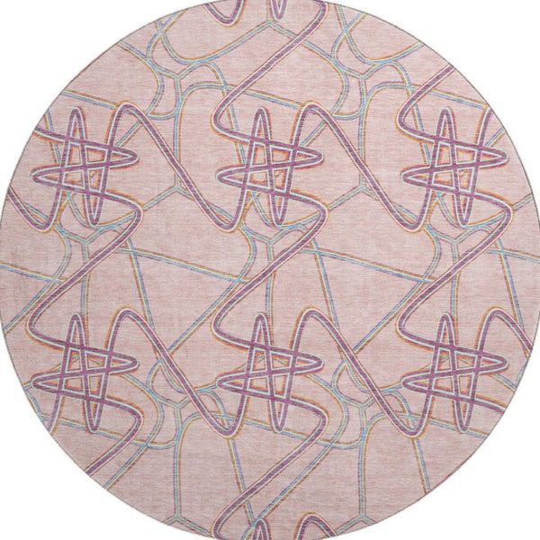 HomeRoots 8' Vibrant Pink, Orange & Blue Geometric Round Rug – UV Protected, Washable & Perfect for Busy Homes! 675315