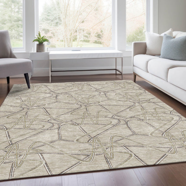 HomeRoots 5' X 8' Beige Ivory Gray Geometric Area Rug - Stylish, Washable, UV Protected for Modern Homes 675320