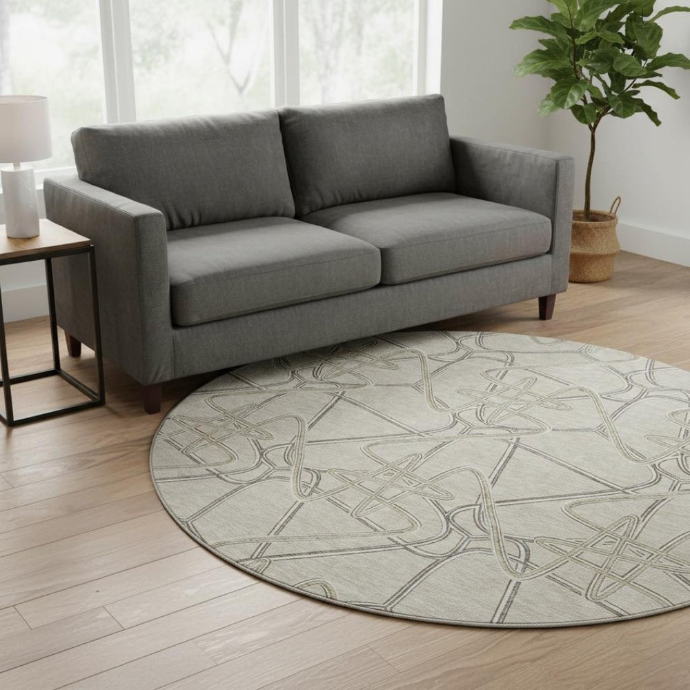 HomeRoots 8' Durable Beige, Ivory & Gray Geometric Round Rug – Washable, UV Protected, Perfect for Homes! 675321