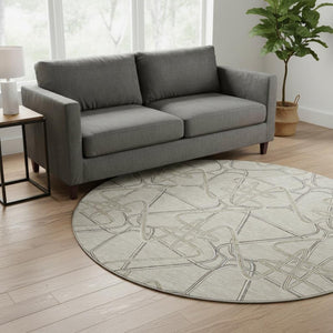 HomeRoots 8' Durable Beige, Ivory & Gray Geometric Round Rug – Washable, UV Protected, Perfect for Homes! 675321