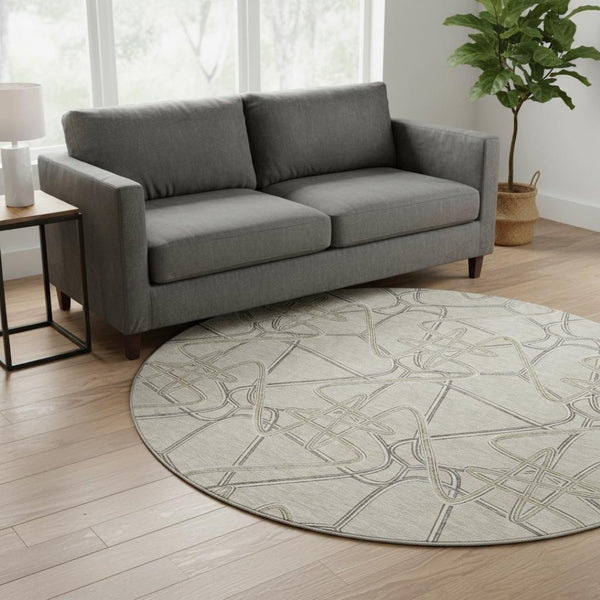 HomeRoots 8' Durable Beige, Ivory & Gray Geometric Round Rug – Washable, UV Protected, Perfect for Homes! 675321