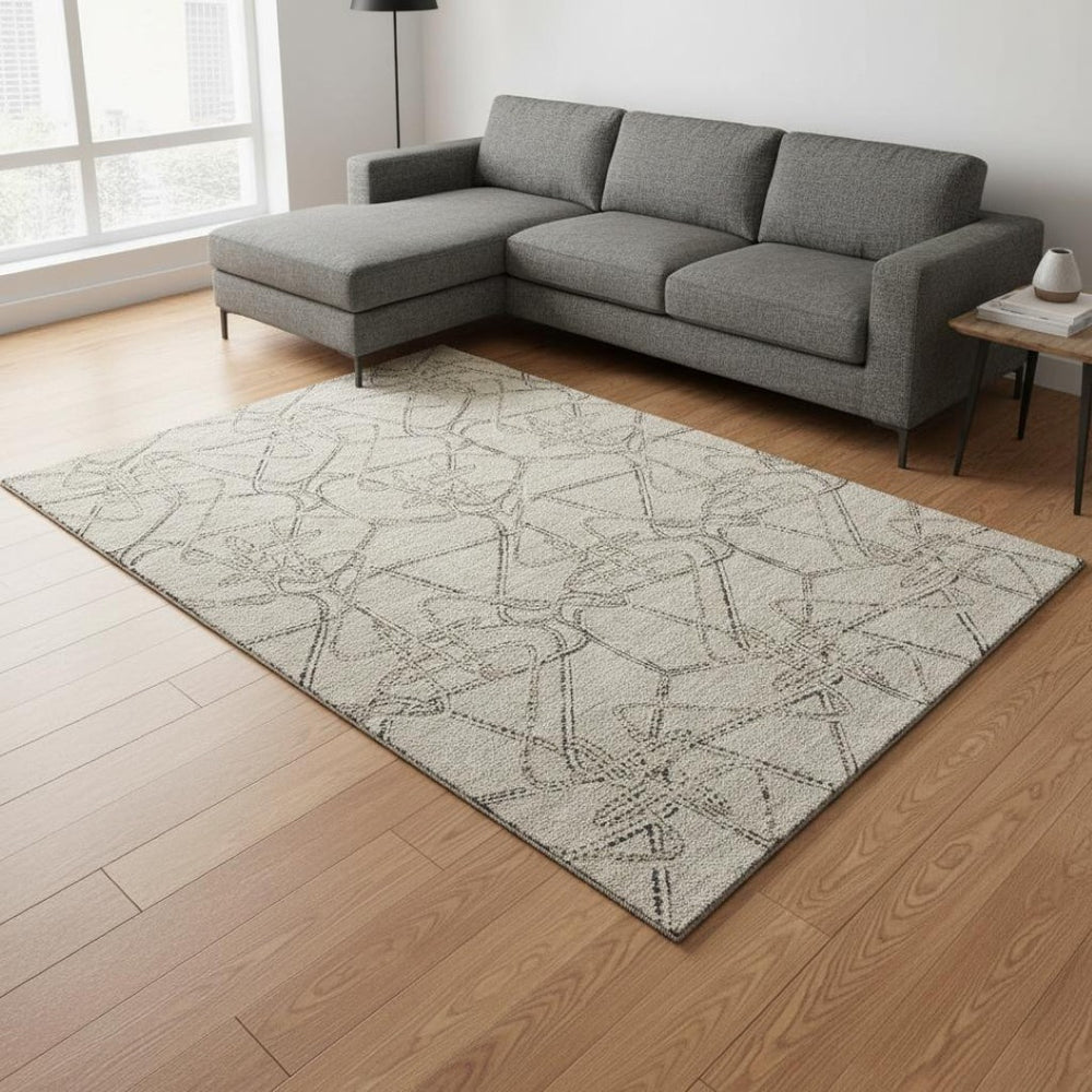 HomeRoots 9' X 12' Geometric Washable Area Rug in Beige, Ivory, and Gray - UV Protected, Kid-Friendly Style! 675323