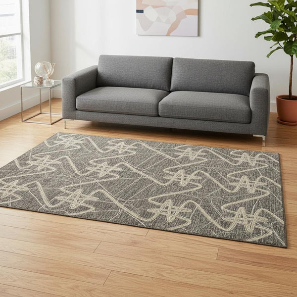 HomeRoots 5' X 8' Modern Geometric Taupe Gray & Gold Area Rug - Washable, UV-Protected, Stain-Resistant Design 675326