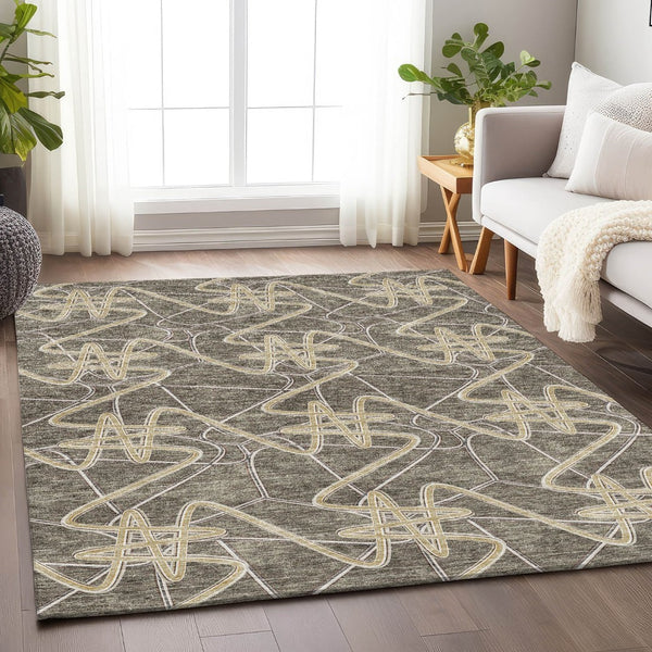HomeRoots 5' X 8' Modern Geometric Taupe Gray & Gold Area Rug - Washable, UV-Protected, Stain-Resistant Design 675326