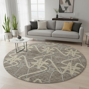 HomeRoots 8' Taupe Gray and Gold Geometric Round Rug - Washable, UV Protected, Durable & Stylish Home Accent 675327