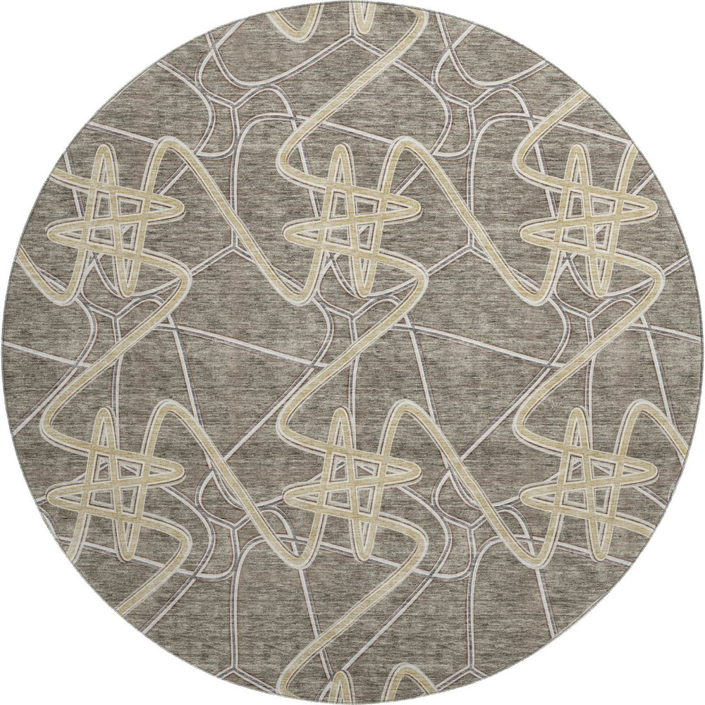 HomeRoots 8' Taupe Gray and Gold Geometric Round Rug - Washable, UV Protected, Durable & Stylish Home Accent 675327