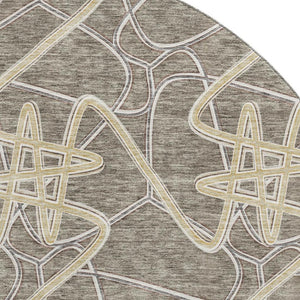 HomeRoots 8' Taupe Gray and Gold Geometric Round Rug - Washable, UV Protected, Durable & Stylish Home Accent 675327