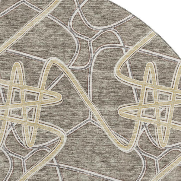HomeRoots 8' Taupe Gray and Gold Geometric Round Rug - Washable, UV Protected, Durable & Stylish Home Accent 675327