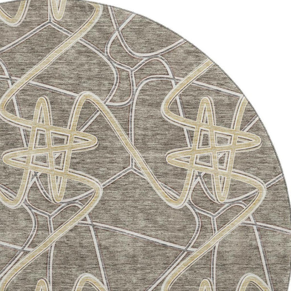HomeRoots 8' Taupe Gray and Gold Geometric Round Rug - Washable, UV Protected, Durable & Stylish Home Accent 675327