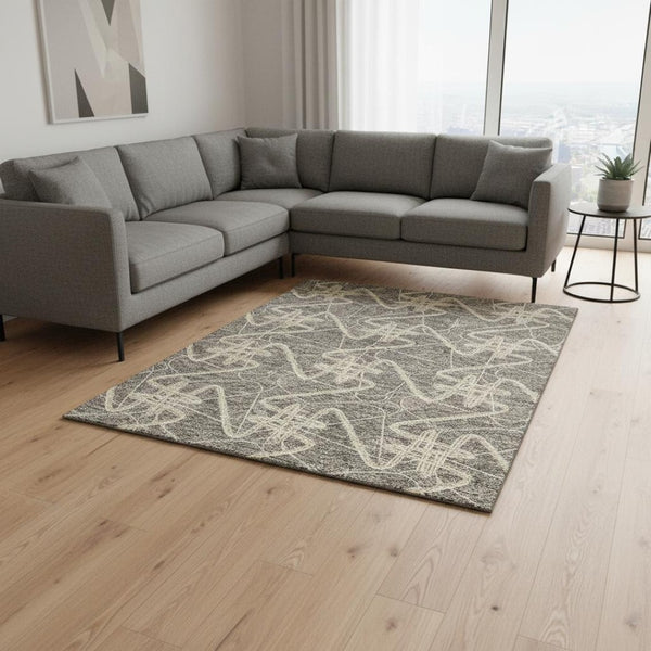 HomeRoots 9' X 12' Taupe Gray And Gold Geometric Area Rug - Washable, UV-Protected, Durable Design for Homes 675329