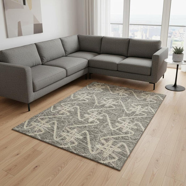 HomeRoots 10' Taupe Gray and Gold Geometric Area Rug - Washable, UV-Protected, Durable for Busy Homes 675330