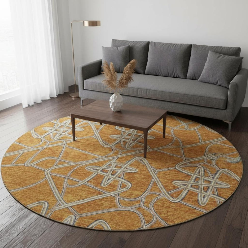 HomeRoots 8' Stylish Terra Cotta, Ivory & Gray Geometric Washable Round Rug with UV Protection & Stain Resistance 675333