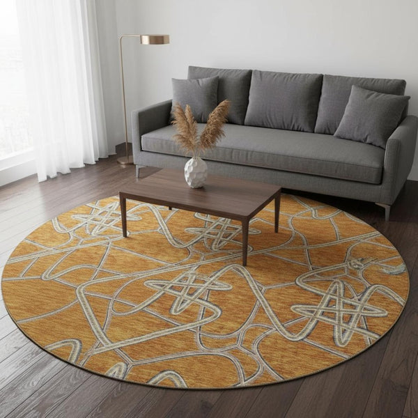 HomeRoots 8' Stylish Terra Cotta, Ivory & Gray Geometric Washable Round Rug with UV Protection & Stain Resistance 675333