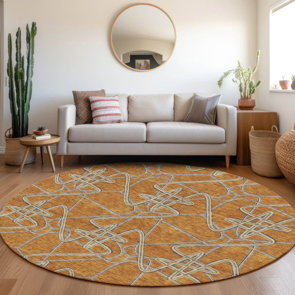 HomeRoots 8' Stylish Terra Cotta, Ivory & Gray Geometric Washable Round Rug with UV Protection & Stain Resistance 675333