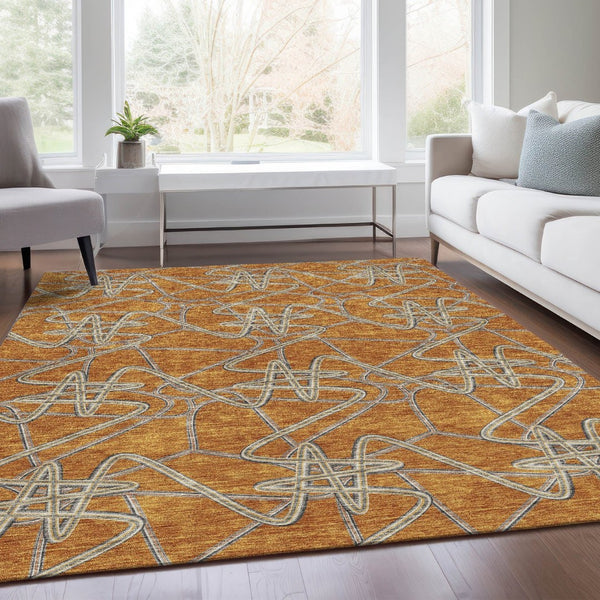 HomeRoots 10' Geometric Terra Cotta Ivory & Gray Washable Area Rug - Durable, UV-Protected & Easy Care! 675336